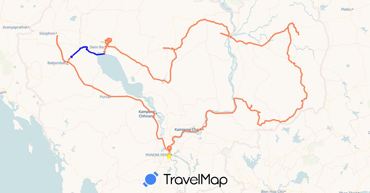 TravelMap itinerary: driving, motocross, boat in Cambodia (Asia)